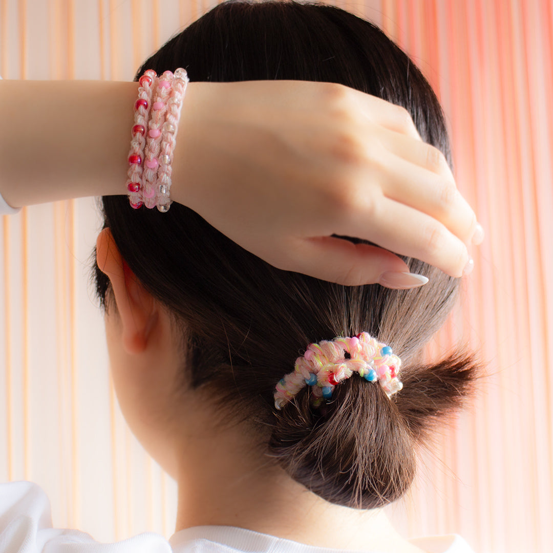 【編まないステップ枠】ミックスヤーンで遊ぶ 、くさりあみとビーズの夏アクセサリー by ハッピーパンチ編みーズ